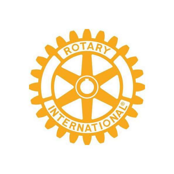 An orange and white rotary international logo on a white background