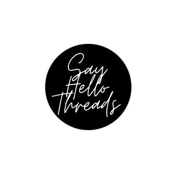 A black and white logo for a company called say hello threads.