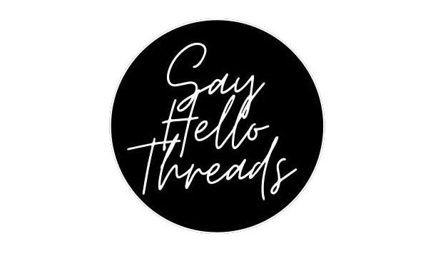 A black and white logo for a company called say hello threads.