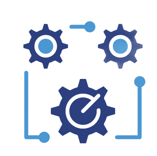 Blue gears and settings icons in a square frame, with a central gear and circular arrow.