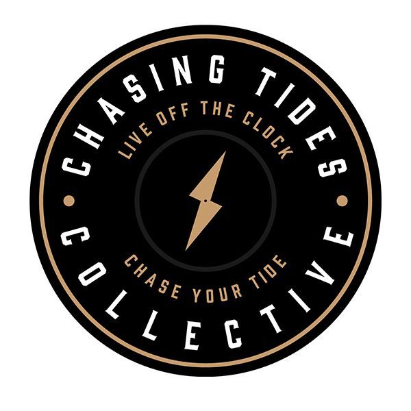 A logo for chasing tides collective with a lightning bolt in the center