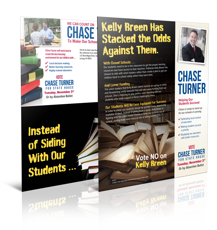Campaign mailer for Chase Turner contrasting his platform against opponent Kelly Breen with text on school funding issues.