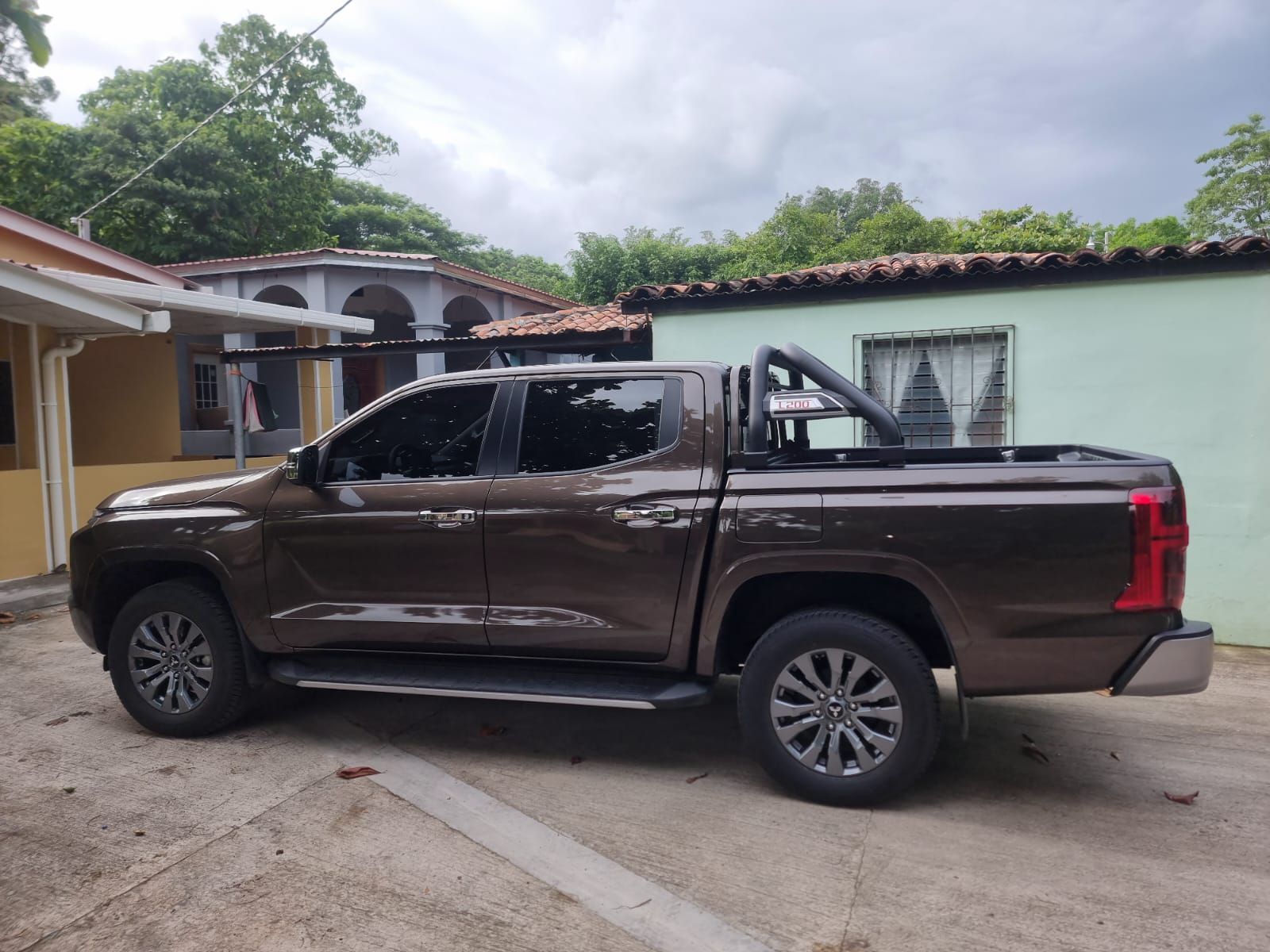 Camioneta marrón estacionada en la entrada de una casa bajo un cielo nublado.