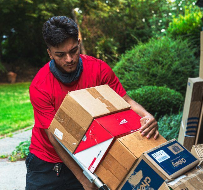 Person carrying boxes on a hand truck, wearing a red shirt, outdoors.