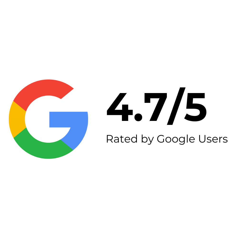 Google rating: 4.7/5 stars, rated by Google users, with Google logo.
