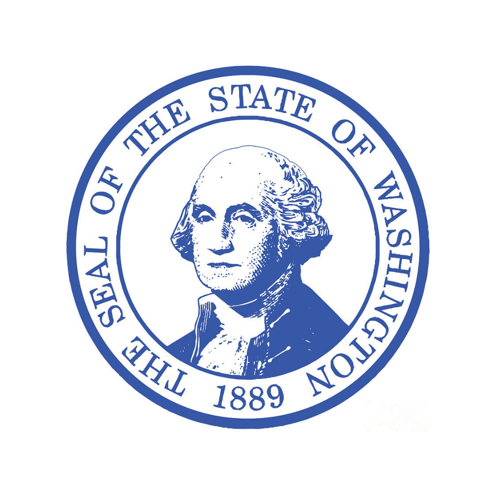 Seal of the State of Washington, featuring George Washington in a blue and white circle;