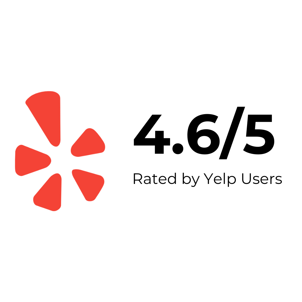 Yelp rating of 4.6/5, red starburst logo, text