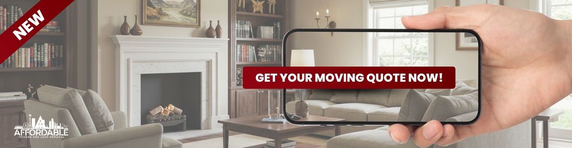 A hand holding a phone displaying a living room scene with a