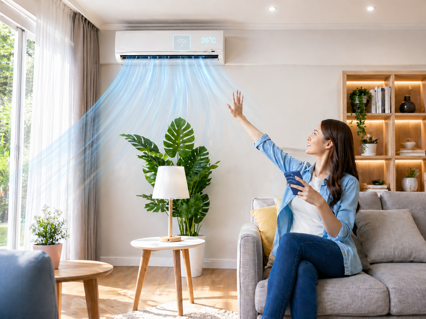 Woman on a sofa reaching toward a wall-mounted air conditioner in a bright living room.