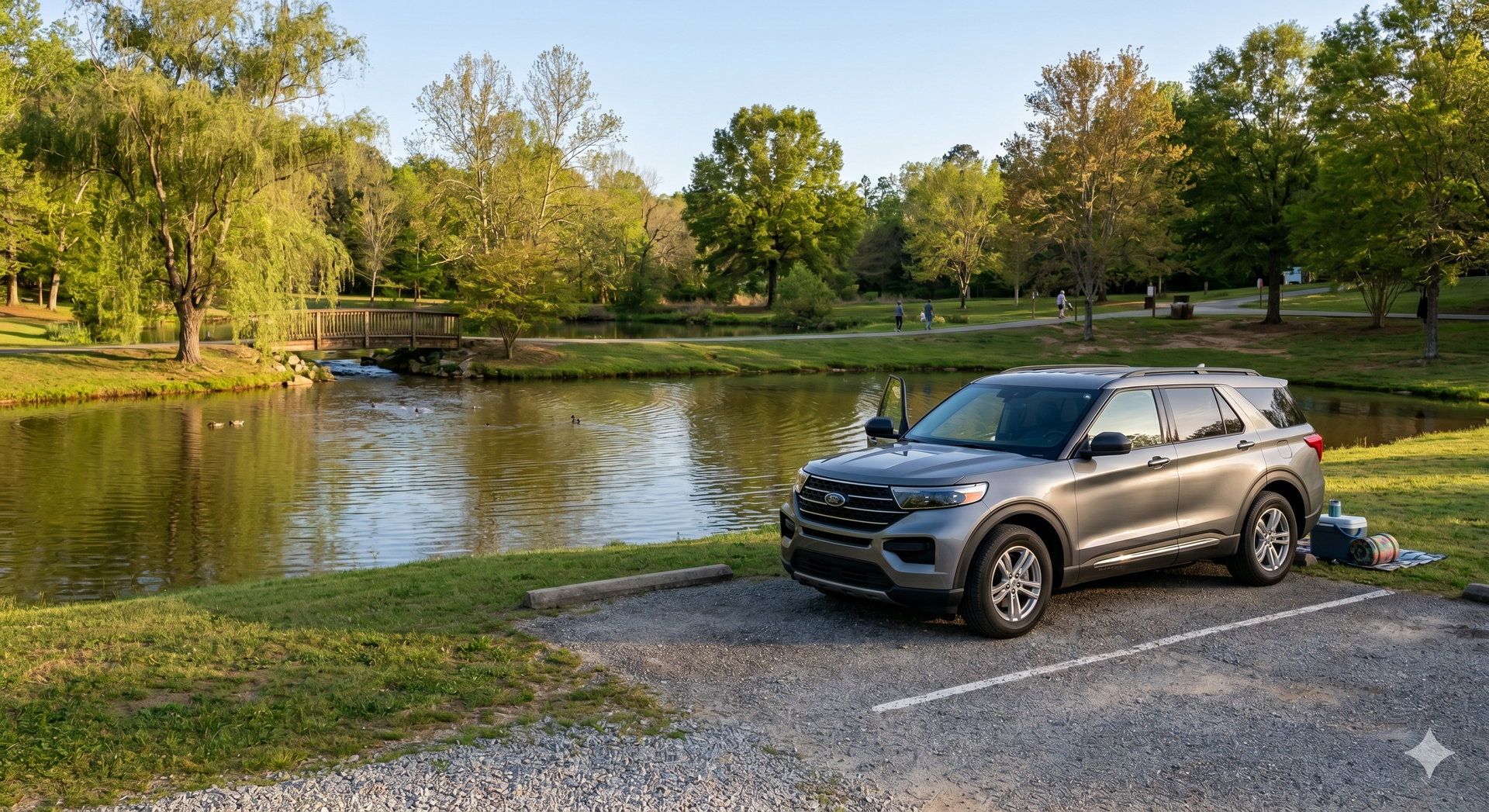 SUV parked by a pond