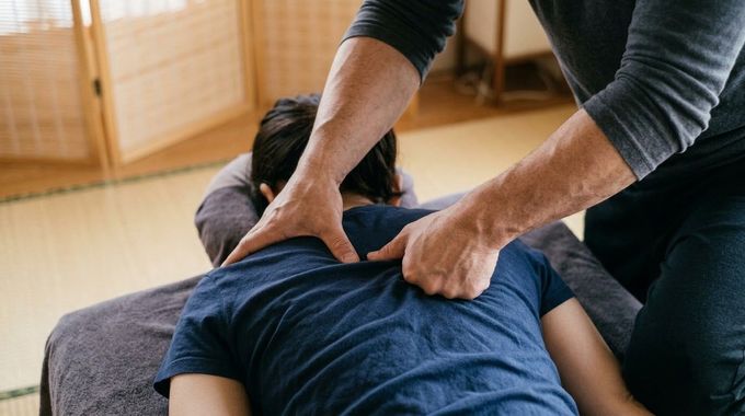 Person receiving a back massage on a mat indoors, with hands pressing along the spine.