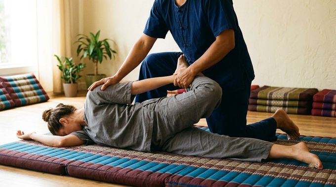 Person giving a back stretch on a mat in a bright living room