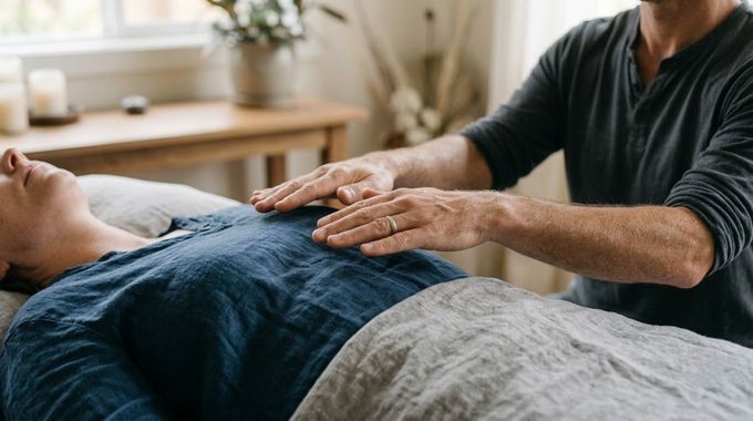 Hands gently pressing on a person’s back during a massage on a bed with folded gray blankets.