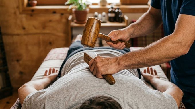 Massage therapist using wooden tools on a person lying face down on a treatment table