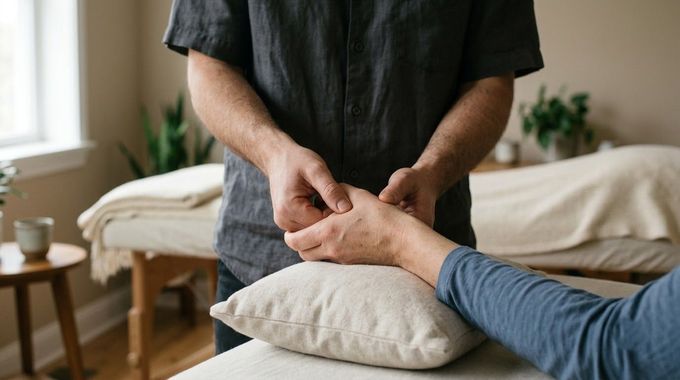 Hands clasped during a massage in a calm treatment room with a bed and pillow nearby