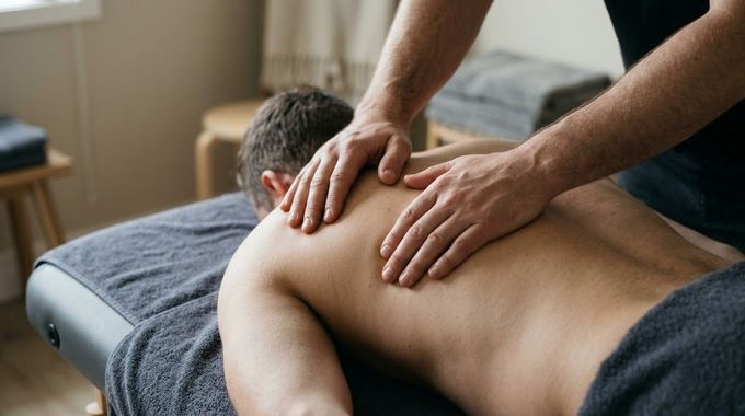 Massage therapist pressing a client’s back on a massage table in a calm indoor setting