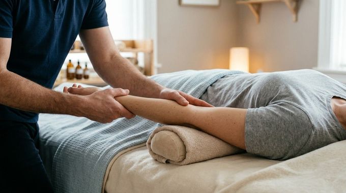 Person receiving a shoulder massage while lying on a bed in a calm, softly lit room
