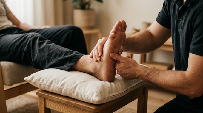 Person receiving a foot massage on a cushioned chair in a warm indoor setting