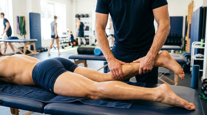 Physical therapist stretching a patient’s leg on a treatment table in a gym clinic