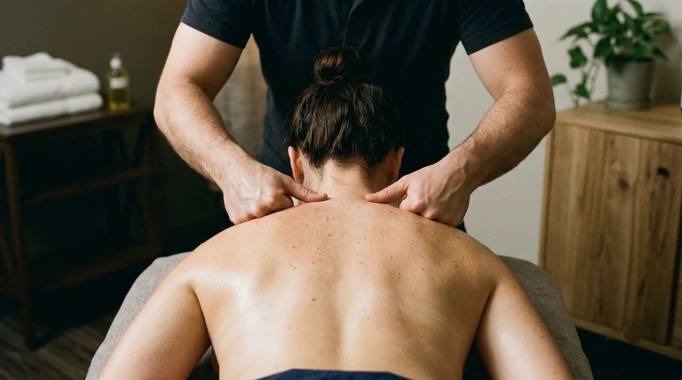 Massage therapist kneading a client’s neck and shoulders on a massage table