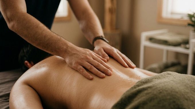 Massage therapist rubbing oil on a client’s bare back on a massage table