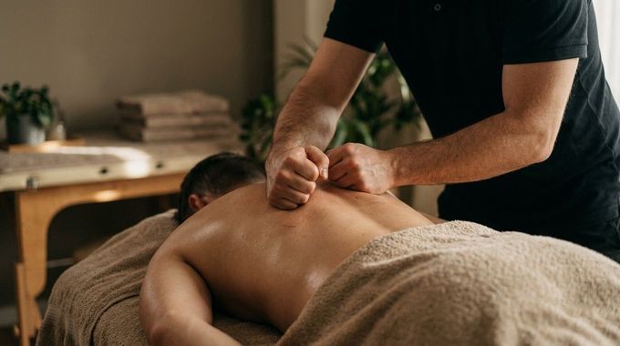 Massage therapist giving a back massage in a calm spa room
