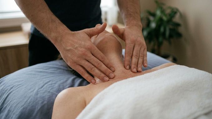 Hands giving a back massage on a person lying face down on a table.