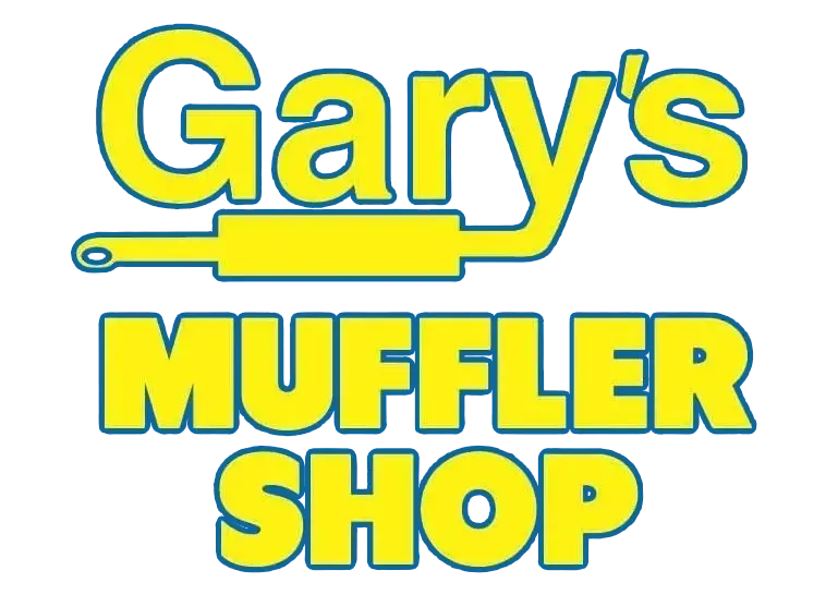 Logo for Gary's Muffler Shop: Yellow text and muffler illustration with a blue outline on a white background.
