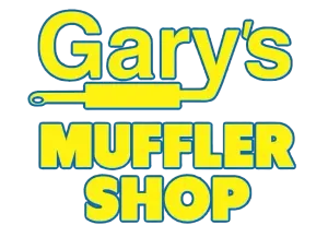 Logo for Gary's Muffler Shop: Yellow text and muffler illustration with a blue outline on a white background.