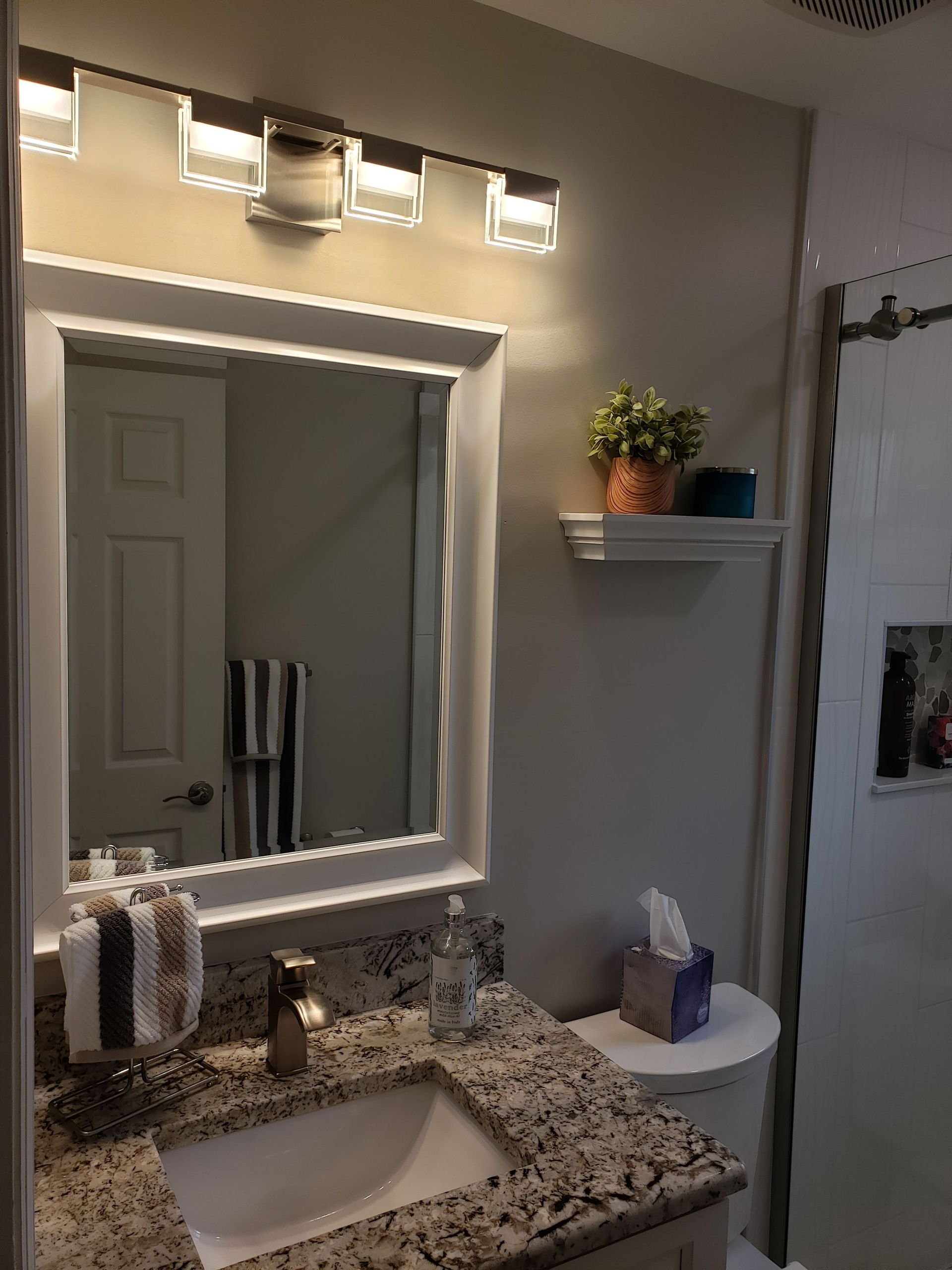 A bathroom vanity with a white-framed mirror, granite countertop, brushed nickel faucet, and a small shelf with a plant.
