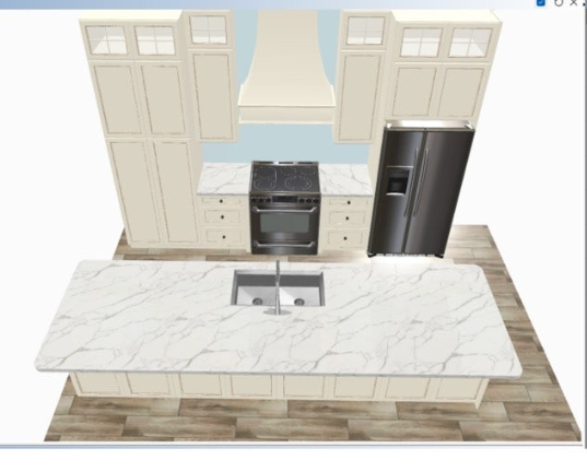 A rendering of a kitchen with light cream cabinetry, marble-style countertops, a large island, and stainless appliances.