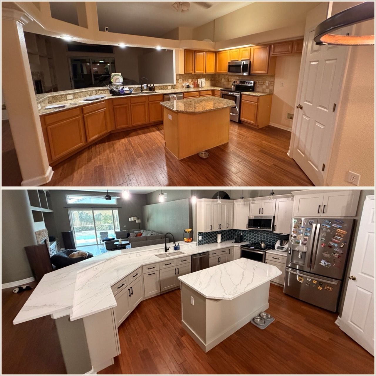 Before and after view of a kitchen renovation featuring white cabinets, new countertops, and a modern island upgrade.