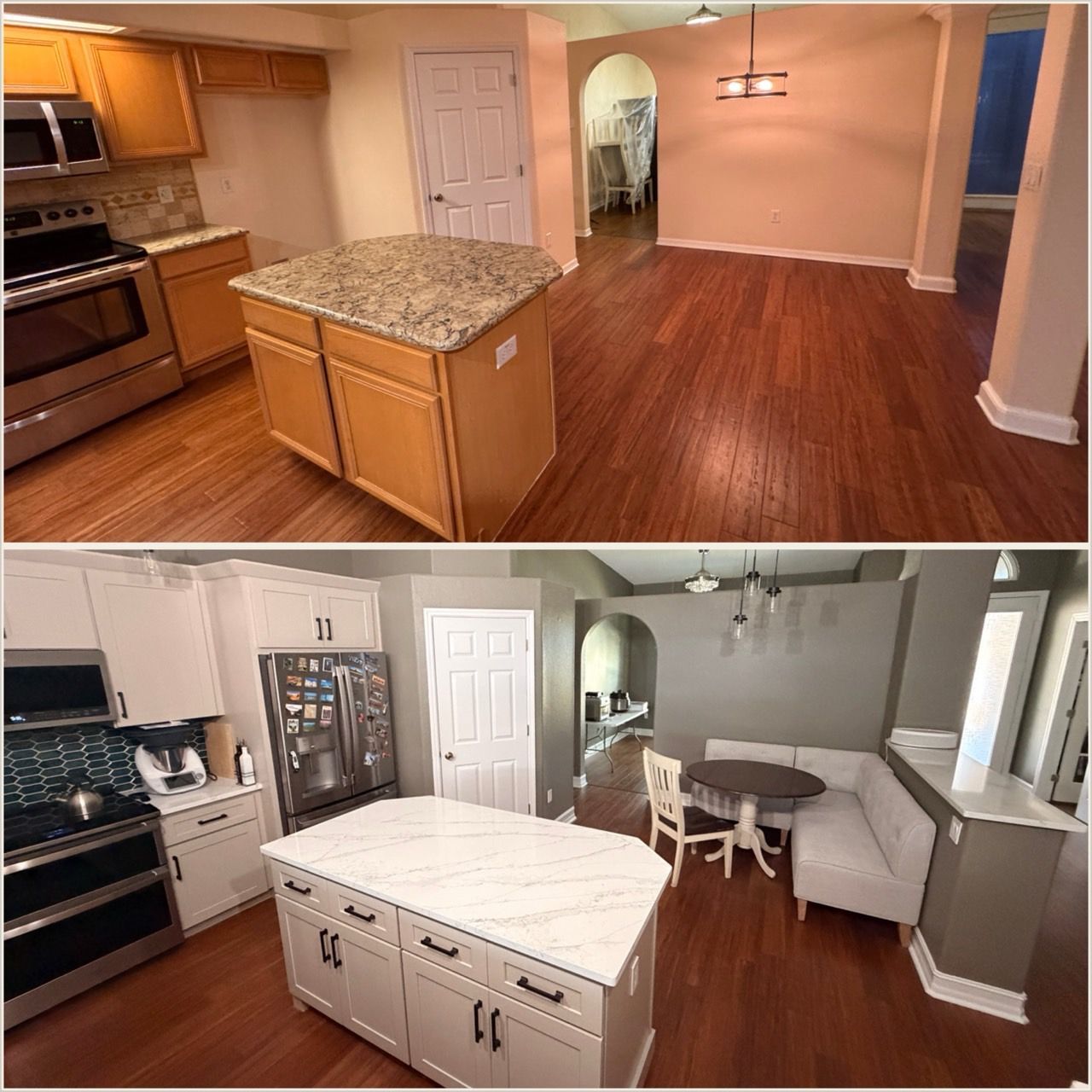 Before-and-after view of a kitchen renovation featuring new white cabinets, a marbled island, and a dining nook.