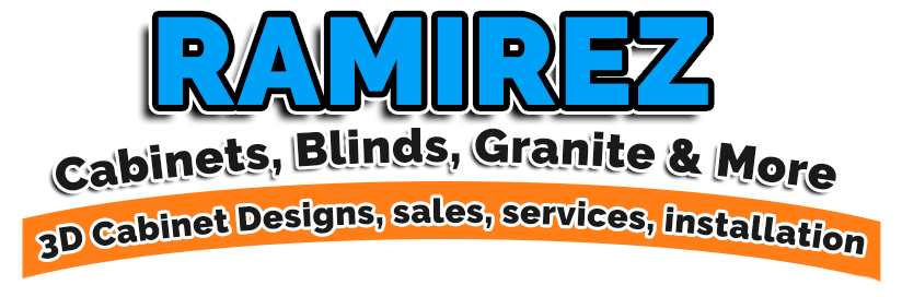 Logo for Ramirez Cabinets, Blinds, Granite & More, featuring 3D cabinet designs, sales, services, and installation.