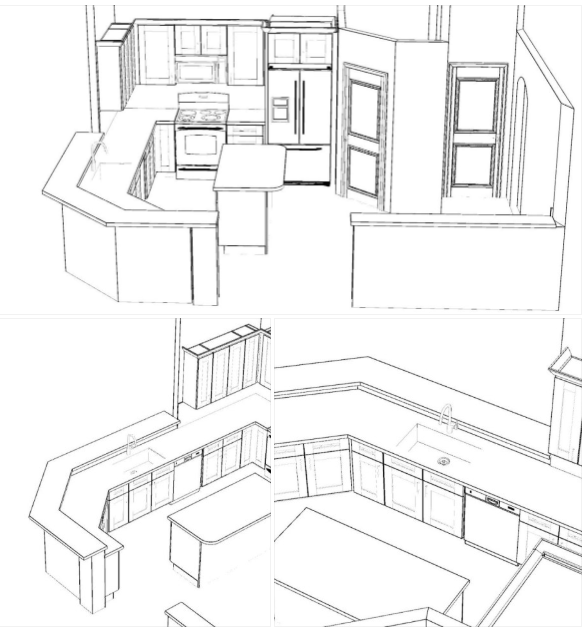 Three-dimensional architectural line drawings showing a kitchen floor plan from various angles, including a central island.