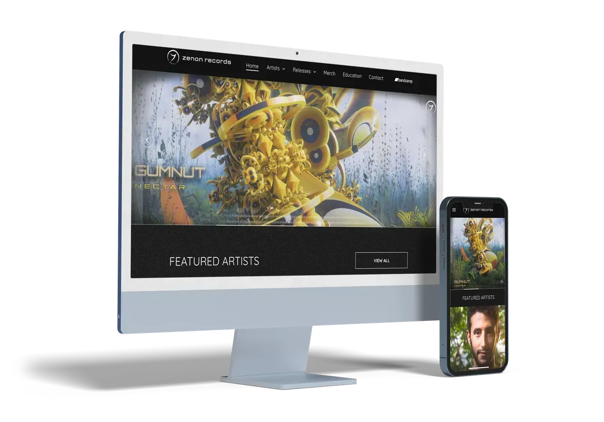 Design do site exibido em um computador desktop e em um smartphone, ambos mostrando a mesma imagem.