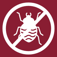 White crossed-out bug icon on a red background, indicating no pests or prohibited insects.