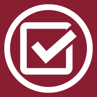 White checkmark in a square inside a white circle on a dark red background