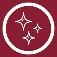 White sparkles inside a white circle on a burgundy background