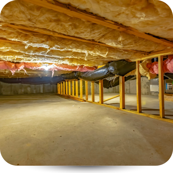 Unfinished basement with exposed insulation, wooden beams, and concrete floor.