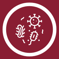 White virus and microbe icons inside a white circle on a dark red background.