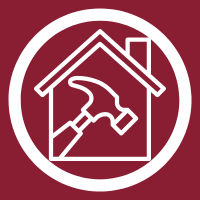 White house and hammer icon inside a white circle on a dark red background.