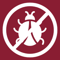 White bug crossed out in a red circle on a dark red background, indicating no insects.