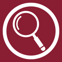 White magnifying glass icon inside a white circle on a dark red background