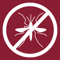 White mosquito inside a red prohibition circle and slash on a dark red background.