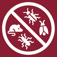 Pest-free zone sign with crossed-out mouse, bugs, and fly on red background