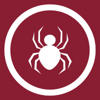White spider icon inside a white circle on a dark red square background.