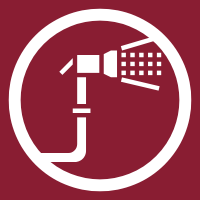 White fire sprinkler icon in a circle on a maroon background