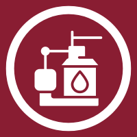 White soap dispenser icon on a maroon background inside a white circle