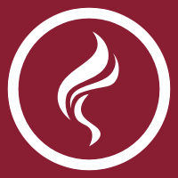 White stylized flame in a circle on a maroon background